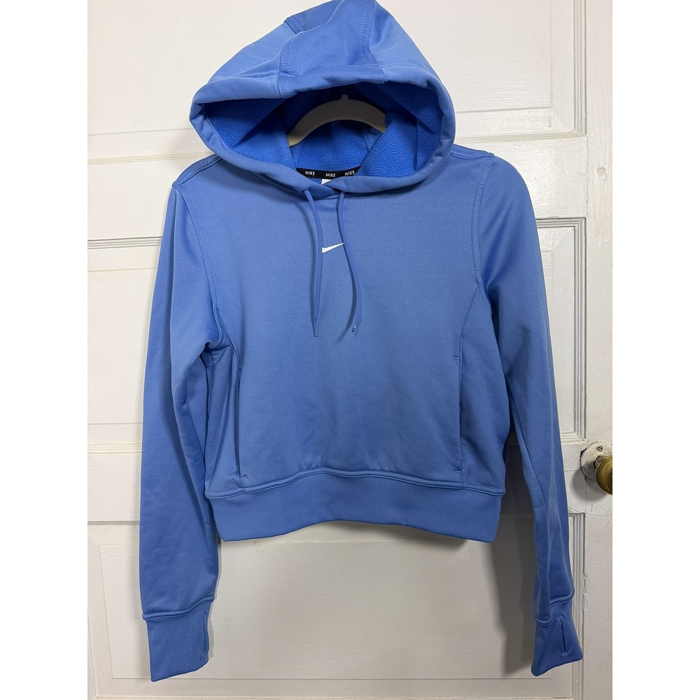 Nike Therma-FIT Women Cropped Hoodie Blue Fleece Sweatshirt Thumbholes XS